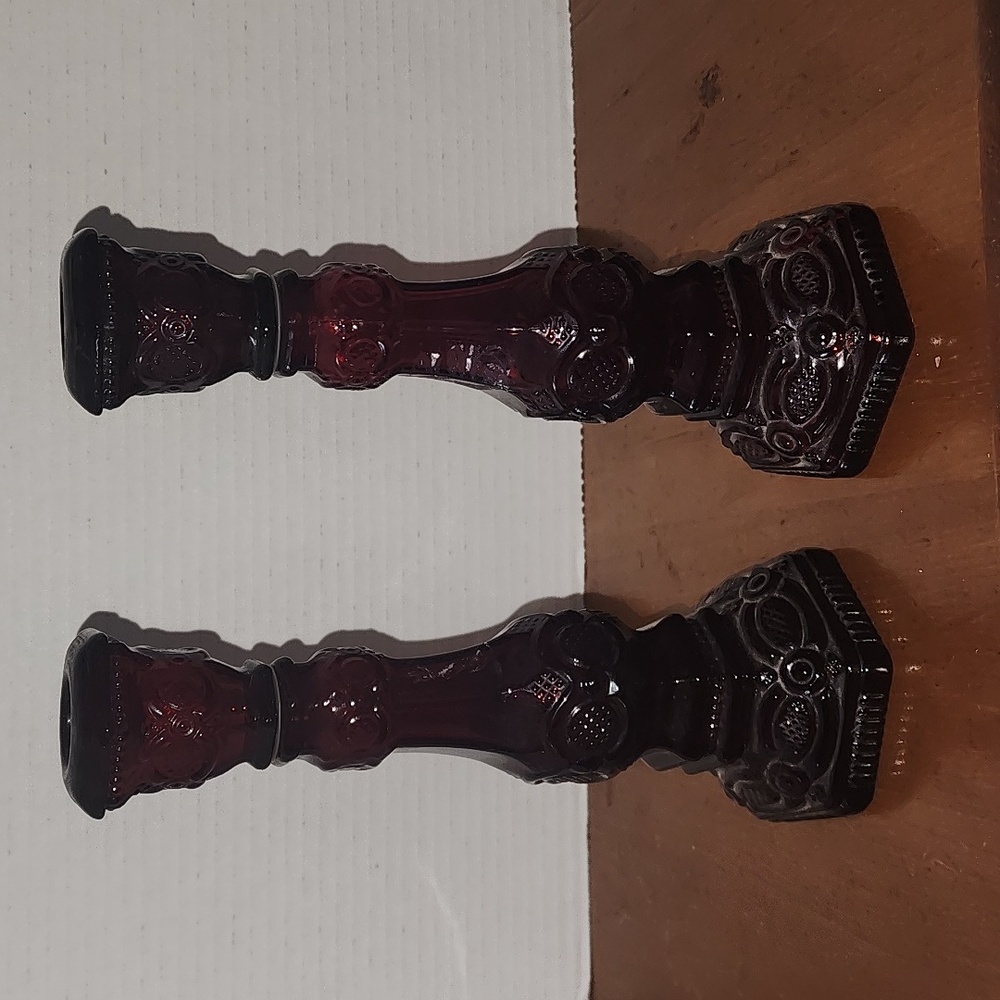Avon Pair of Deep Ruby Red Pressed Glass Candlestick Holders